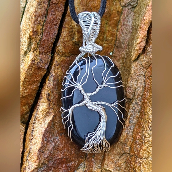 Tree of Life Jewelry - 925 Sterling Silver Tree Of Life Pendant Necklace Obsidian Gemstone Hand Crafted